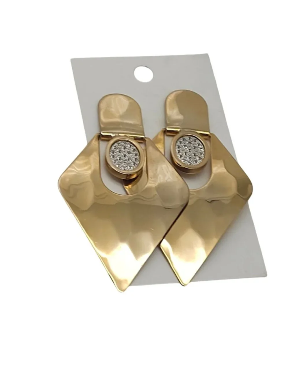 Vintage Hammered Gold Tone Geometric Diamond Dangle Drop Earrings Pave Rhineston